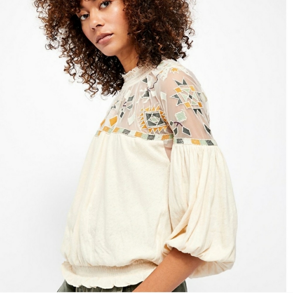 Free People Cream Blouse with Multicolor Embroidered Yoke - Picture 2 of 5